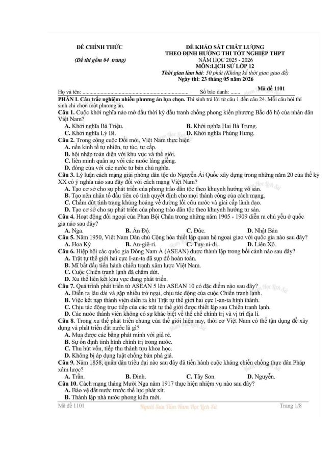 Ảnh minh họa cho ĐỀ THI THỬ MÔN LỊCH SỬ ĐỀ CHÍNH THỨC