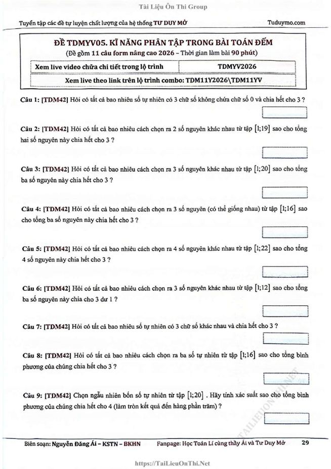 Ảnh minh họa cho ĐỀ TDMYV05 - KĨ NĂNG PHÂN TẬP TRONG BÀI TOÁN ĐẾM