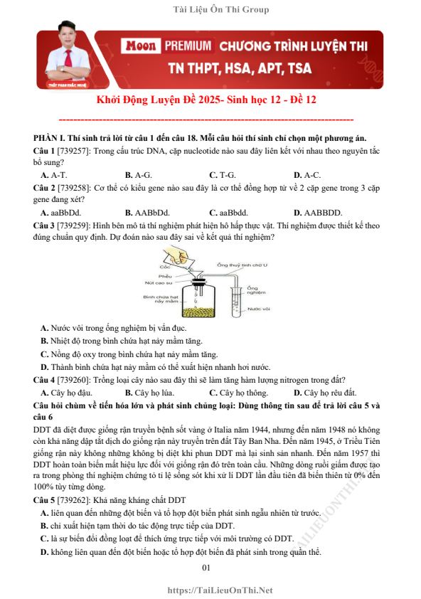 Ảnh minh họa cho KHỞI ĐỘNG LUYỆN ĐỀ 2025 MÔN SINH HỌC-ĐỀ 12