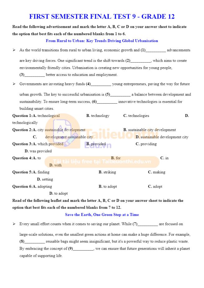 Ảnh minh họa cho ĐỀ KIỂM TRA TIẾNG ANH HỌC KÌ 1