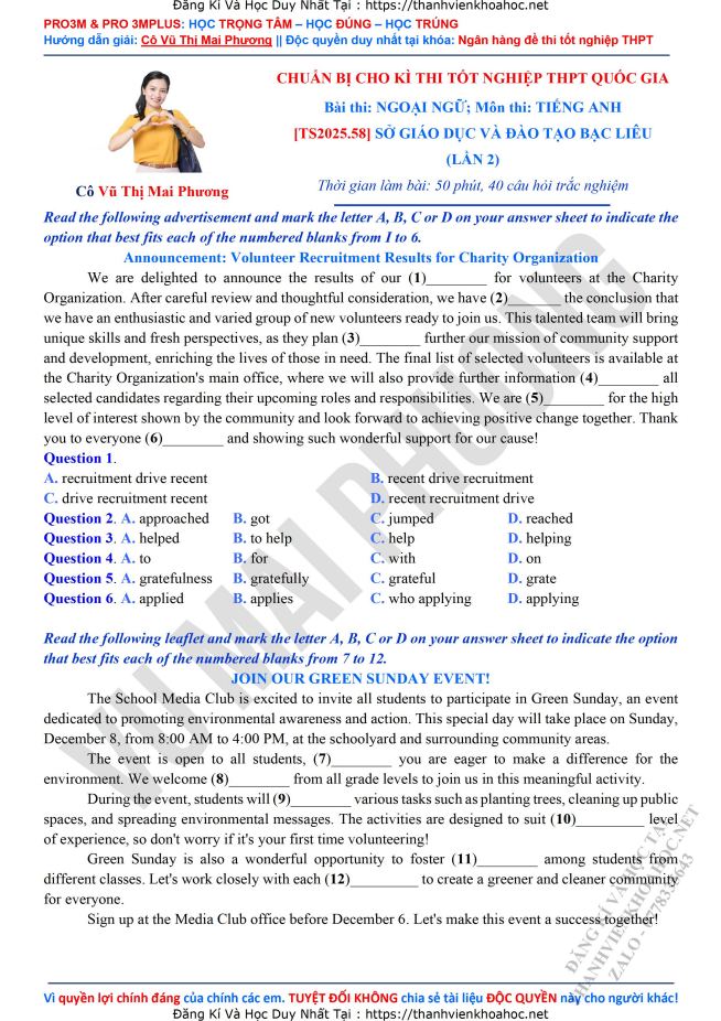 Ảnh minh họa cho Đề thi thử tốt nghiệp THPT 2026:  Sở Giáo dục và Đào tạo Bạc Liêu (Lần 2)