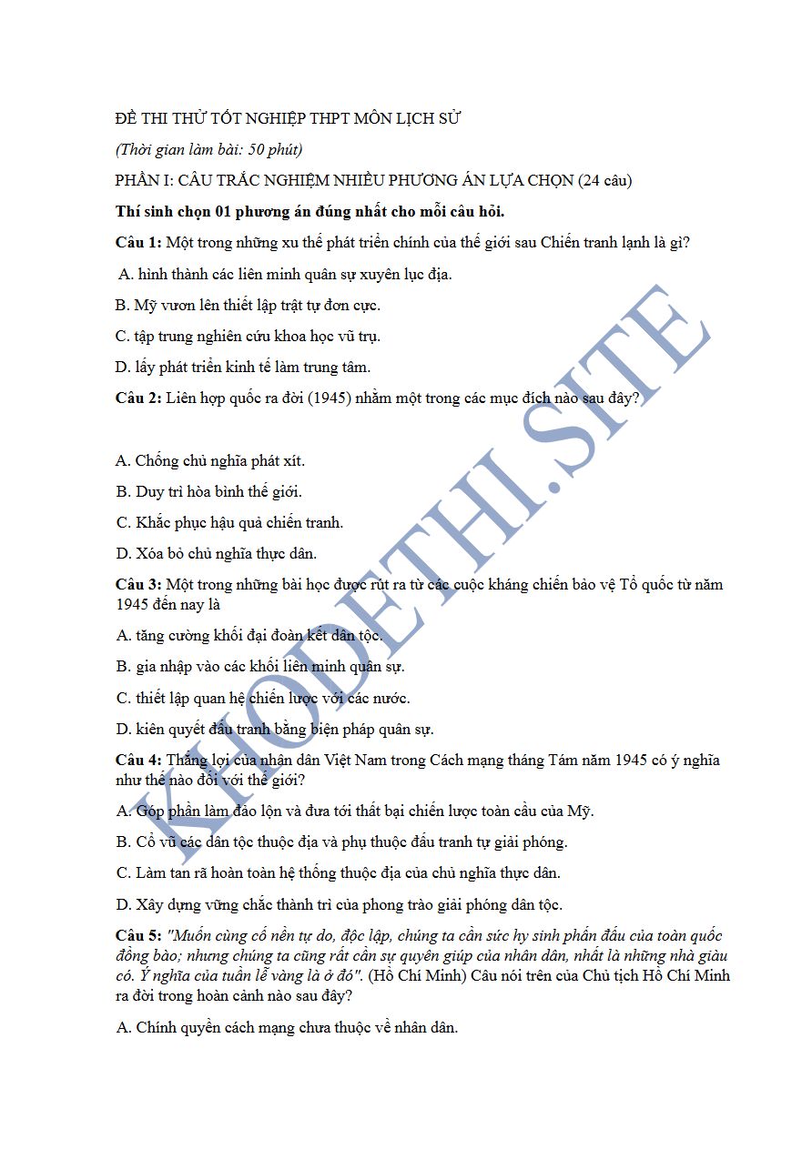 Ảnh minh họa cho Luyện đề thi môn lịch sử THPTQG