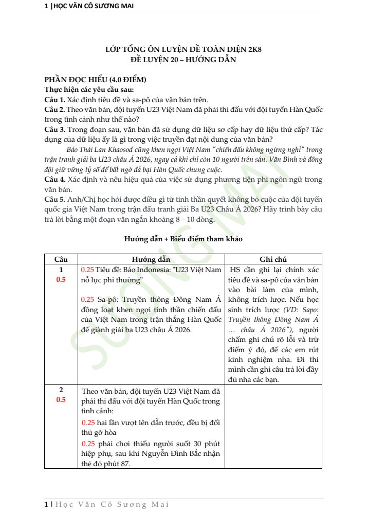 Ảnh minh họa cho TUYỂN TẬP ĐỀ BỔ TRỢ NGỮ VĂN CÔ SƯƠNG MAI