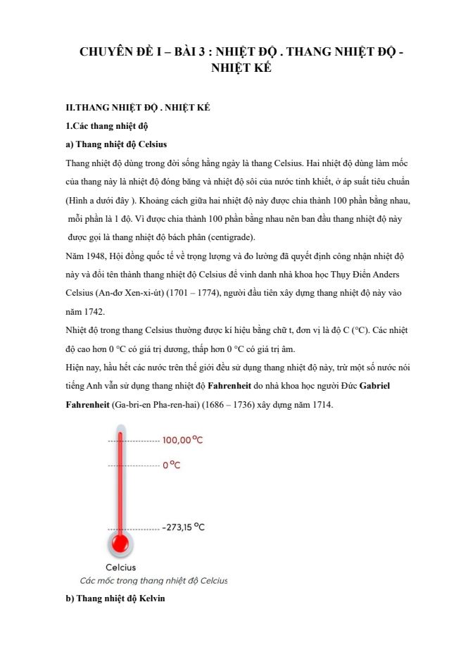 Ảnh minh họa cho LÝ THUYẾT CĐ 1- BÀI 3 - PHẦN 2 : THANG NHIỆT ĐỘ. NHIỆT KẾ