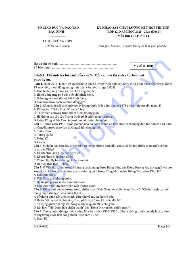 Ảnh minh họa cho ĐỀ THI THỬ MÔN LỊCH SỬ SỞ GD&ĐT BẮC NINH ĐỢT 3