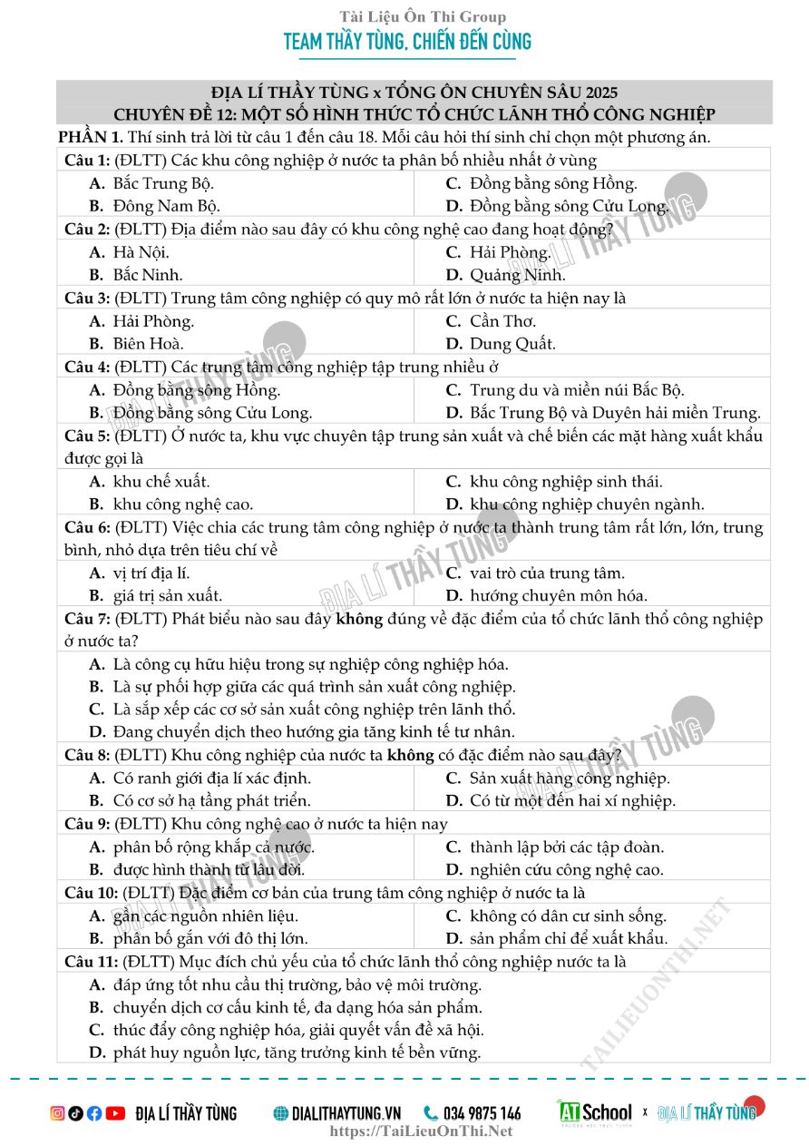 Ảnh minh họa cho Câu hỏi địa lí chuyên đề 12