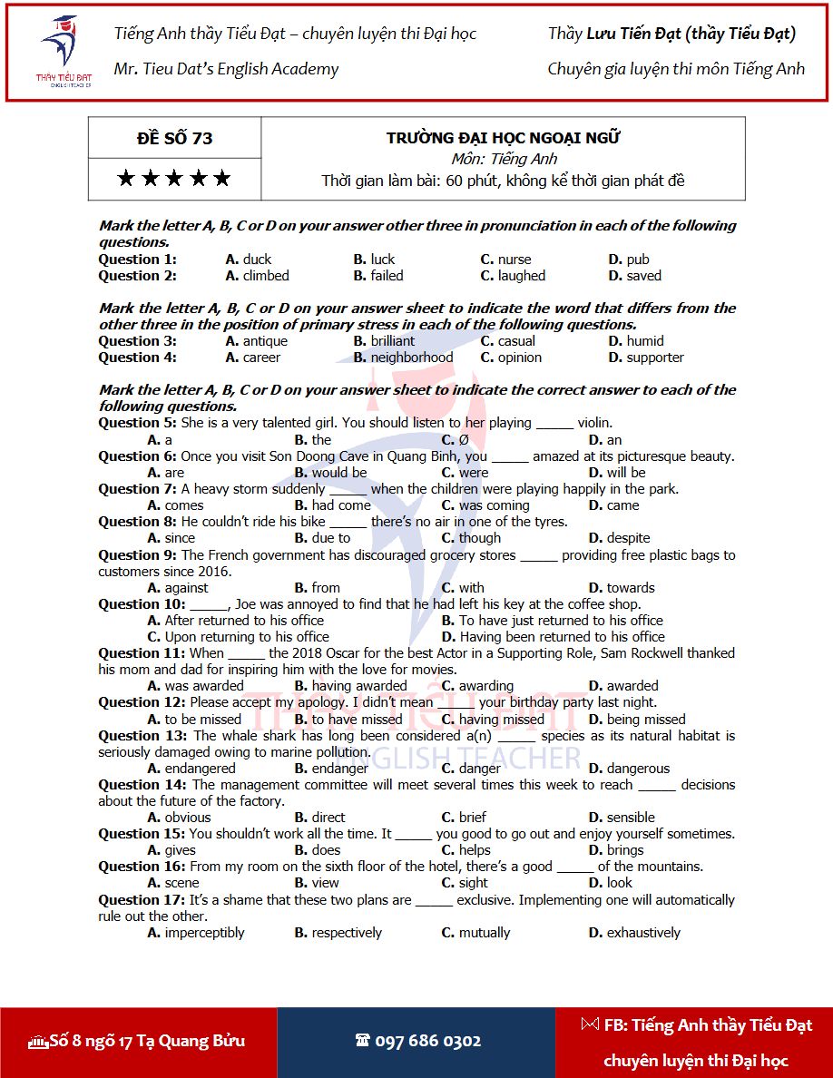 Ảnh minh họa cho Luyện đề ôn thi môn Tiếng Anh THPT + ĐÁP ÁN