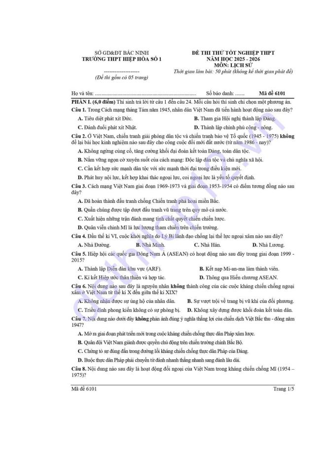 Ảnh minh họa cho ĐỀ THI THỬ MÔN SỬ CỦA SỞ GD&ĐT BẮC NINH TRƯỜNG THPT HIỆP HÒA SỐ 1