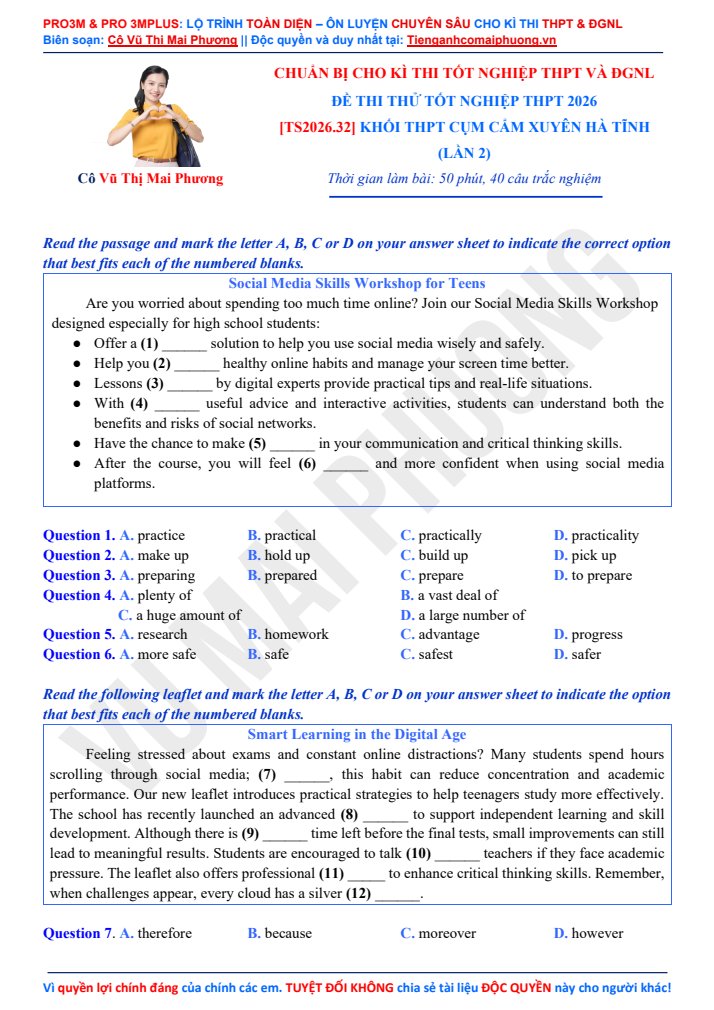 Ảnh minh họa cho Đề thi thử tốt nghiệp THPT 2026: Khối THPT Cụm Cẩm Xuyên Hà Tĩnh (Lần 2) - Mã đề 0821