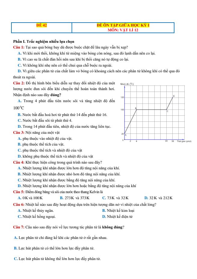 Ảnh minh họa cho ĐỀ 42 THI GIỮA KÌ 1 VẬT LÝ 12