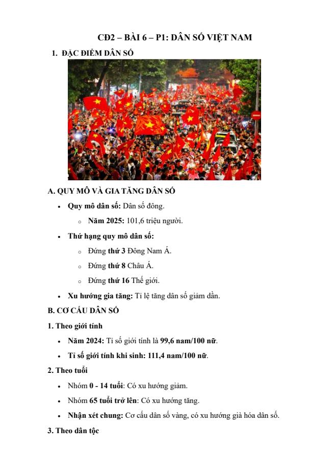 Ảnh minh họa cho CĐ2 - BÀI 6 - PHẦN 1: DÂN SỐ VIỆT NAM