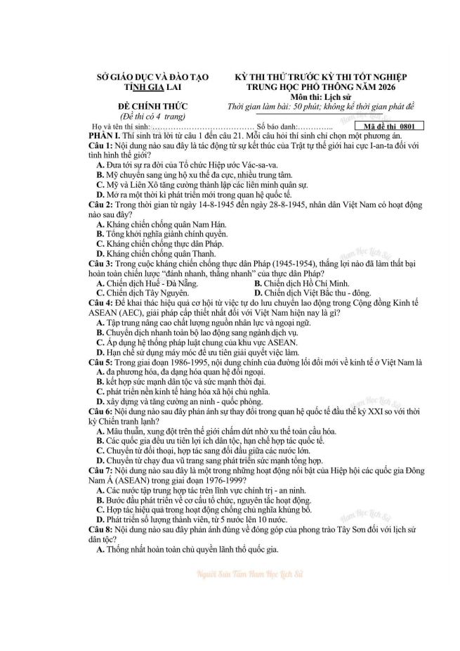 Ảnh minh họa cho ĐỀ THI THỬ MÔN LỊCH SỬ  CỦA SỞ GD&ĐT TỈNH GIA LAI
