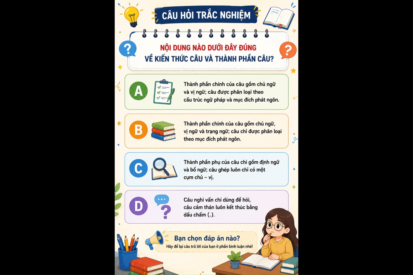 Ảnh minh họa cho CÂU VÀ THÀNH PHẦN CÂU Bạn có thể chọn đúng đáp án chỉ trong 30 giây không? 🤔 💬 Bình luận A, B, C hoặc D trước khi xem đáp án nhé!
