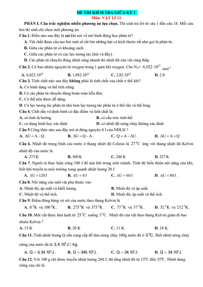 Ảnh minh họa cho ĐỀ 45 THI GIỮA KÌ 1 VẬT LÝ 12