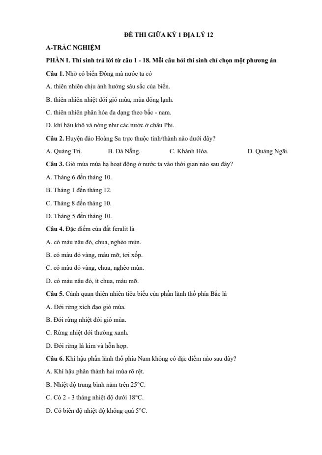 Ảnh minh họa cho ĐỀ THI GIỮA KÌ 1 ĐỊA LÝ