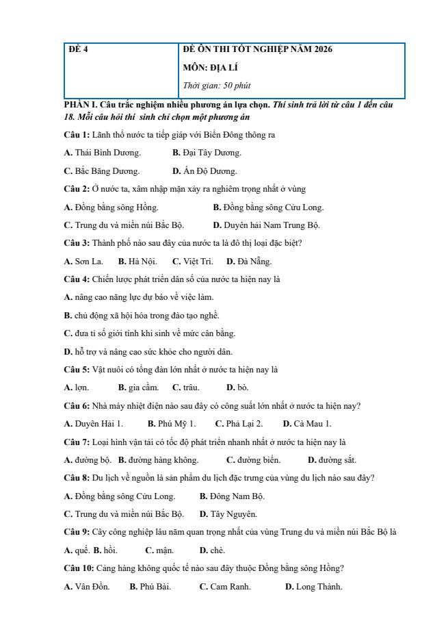 Ảnh minh họa cho ĐỀ LUYỆN ĐỊA LÍ THPT ĐỀ SỐ 04