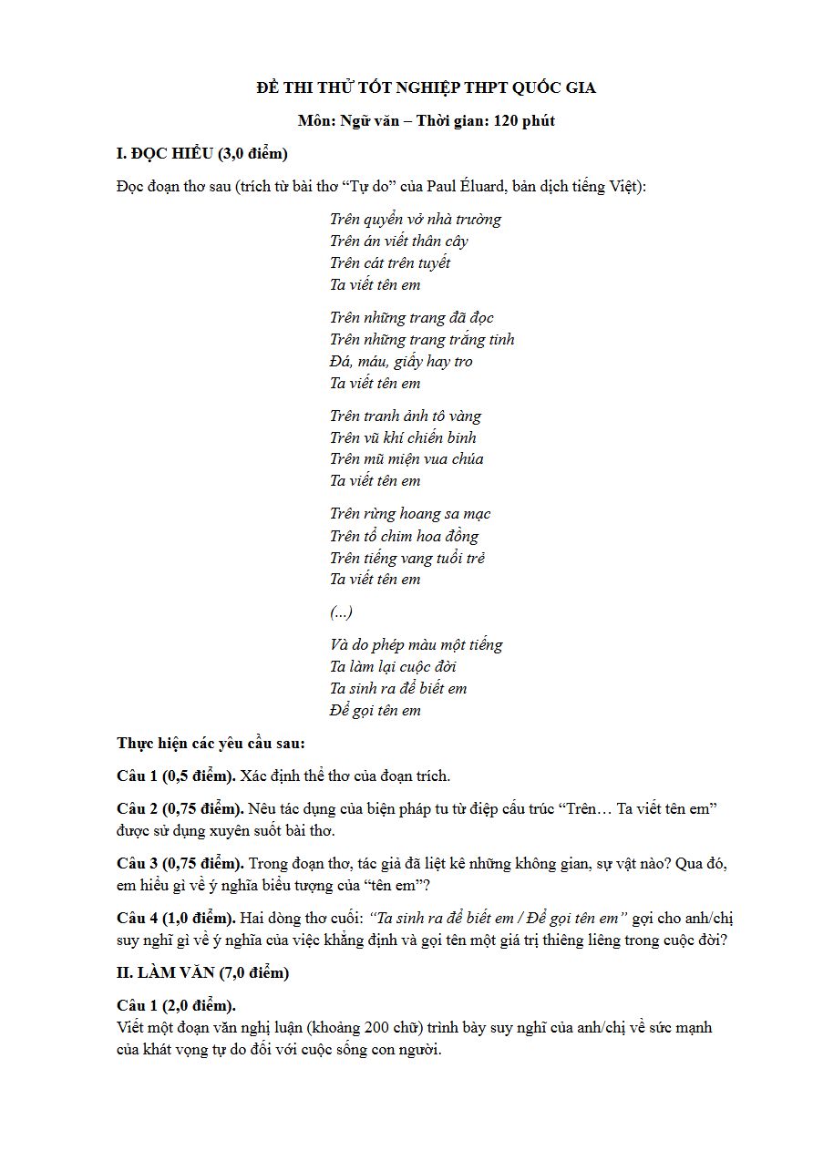 Ảnh minh họa cho LUYỆN ĐỀ TÁC PHẨM "TỰ DO"