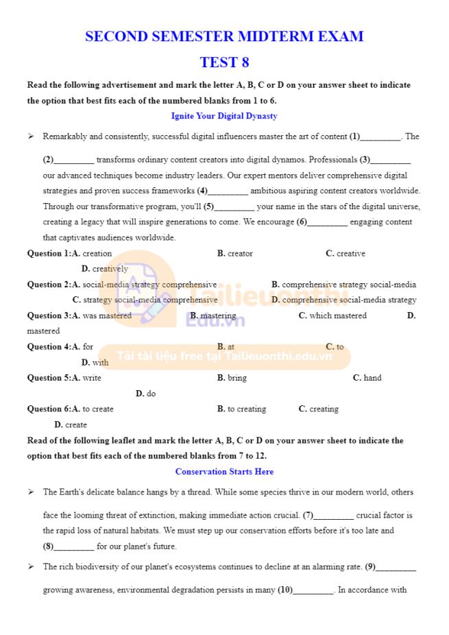 Ảnh minh họa cho ĐỀ KIỂM TRA TIẾNG ANH GIỮA HỌC KÌ 2