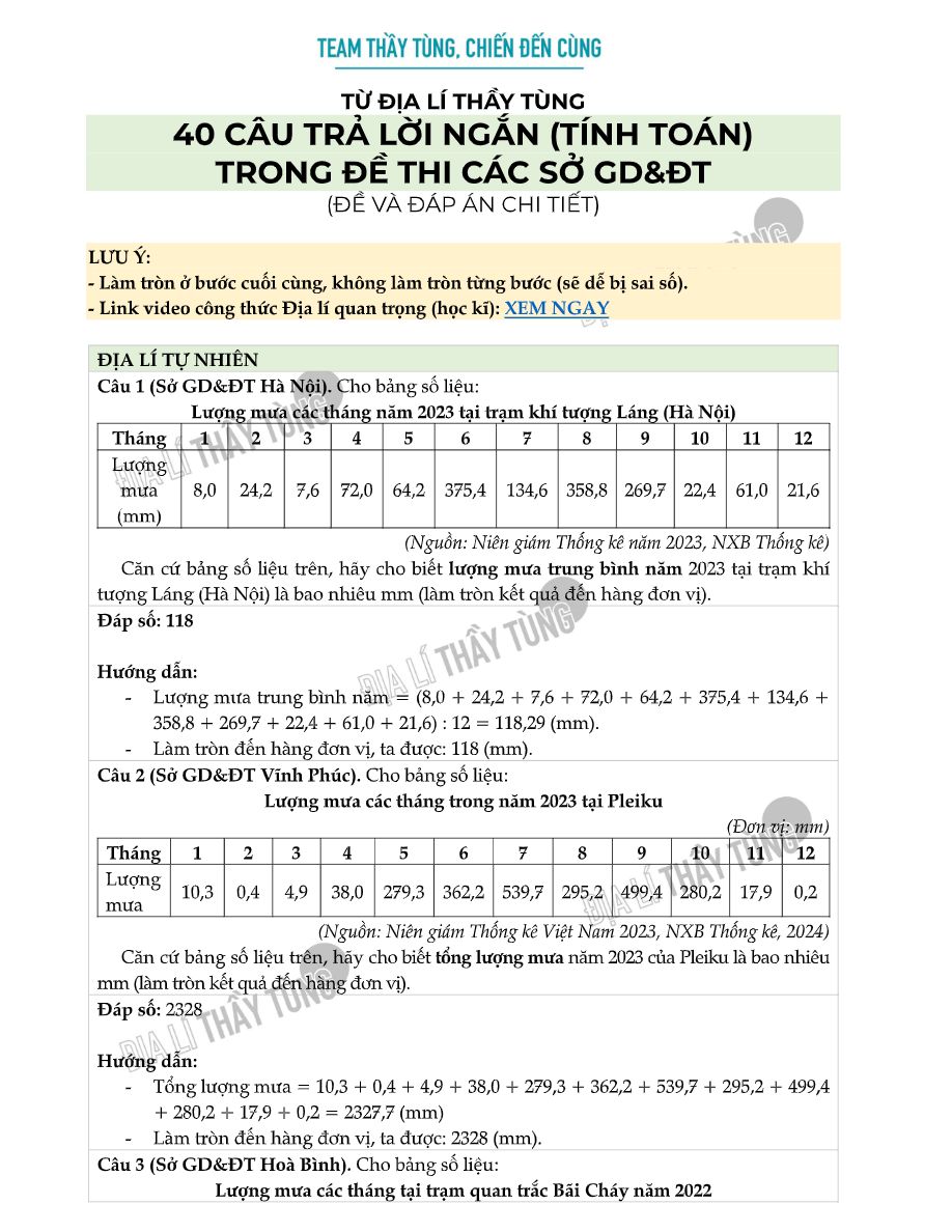 Ảnh minh họa cho Đáp án phần câu tả lời ngắn tính toán