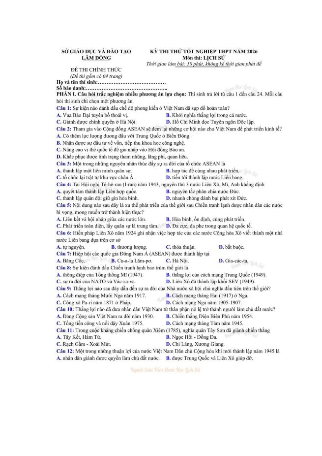 Ảnh minh họa cho ĐỀ THI THỬ MÔN LỊCH SỬ THPTQG