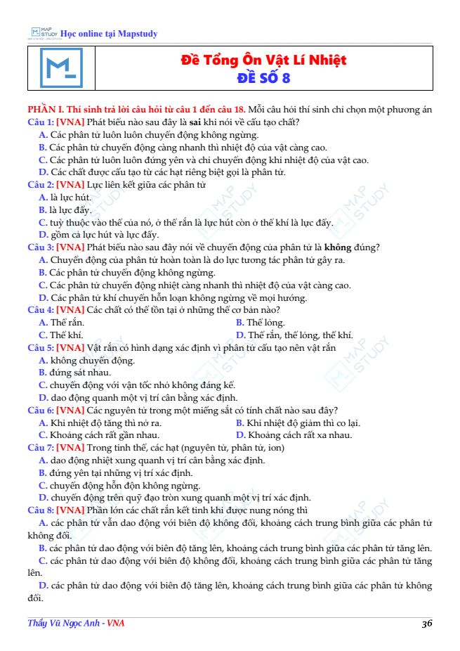 Ảnh minh họa cho ĐỀ TỔNG ÔN VẬT LÍ NHIỆT - ĐỀ SỐ 8
