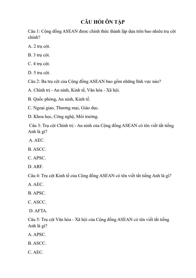 Ảnh minh họa cho CÂU HỎI ÔN TẬP CHUYÊN ĐỀ 2: ASEAN - NHỮNG CHẶNG ĐƯỜNG LỊCH SỬ - BÀI 5: CỘNG ĐỒNG ASEAN: TỪ Ý TƯỞNG ĐẾN HIỆN THỰC - PHẦN 2 : BA TRỤ CỘT CỦA CỘNG ĐỒNG ASEAN