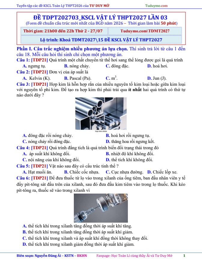 Thực chiến đề KSCL Vật Lý THPT 2027 lần 03.