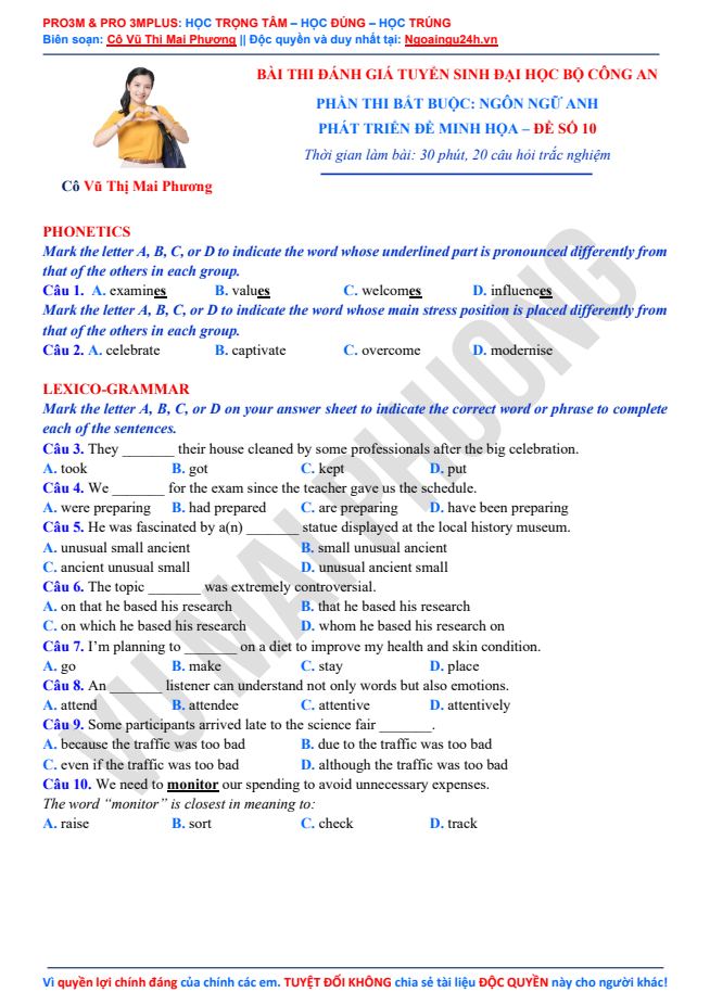 Ảnh minh họa cho PHÁT TRIỂN ĐỀ THI MINH HỌA- BỘ CÔNG AN: ĐỀ SỐ 10