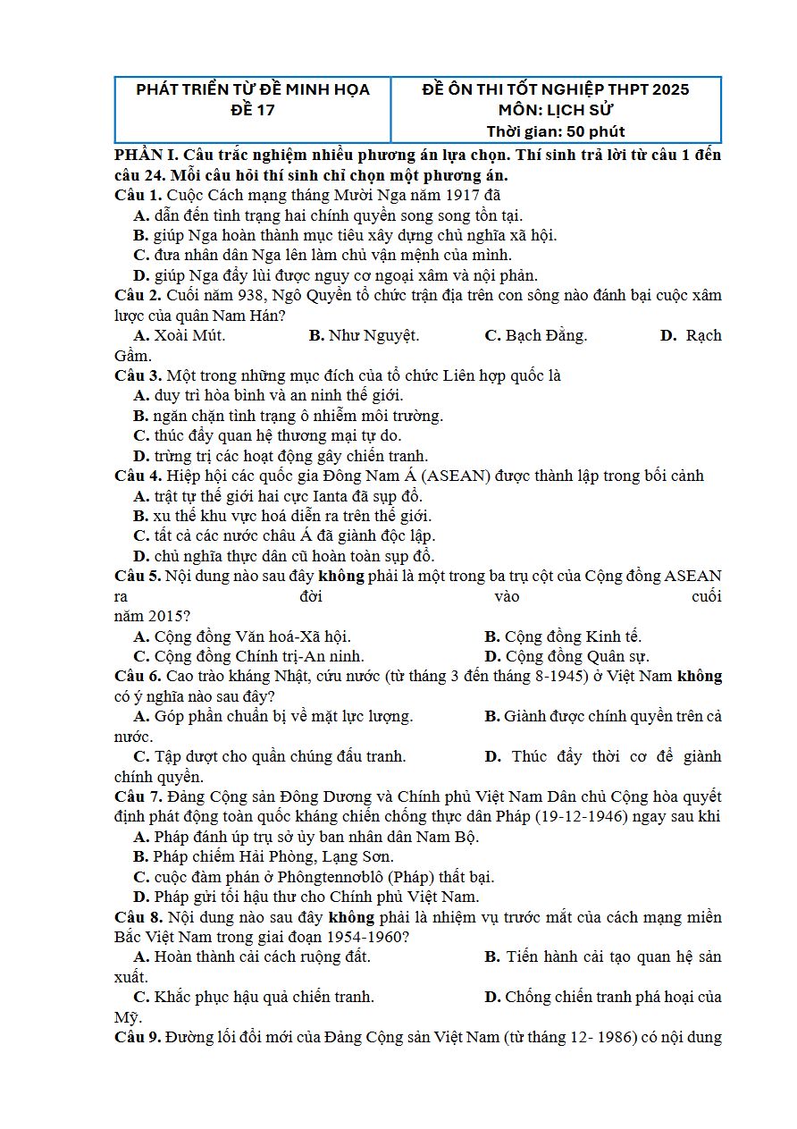 Ảnh minh họa cho luyện đề thi môn lịch sử lớp 12 THPTQG