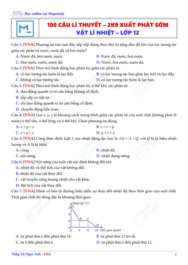 Ảnh minh họa cho 100 Câu lí thuyết Vật Lí Nhiệt - Xuất Phát Sớm Vật Lí 12